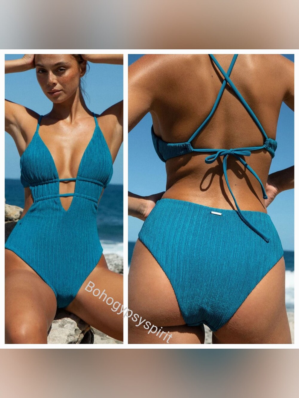 NWT Berlook Blue Textured Plunging One Piece Swimsuit, Medium